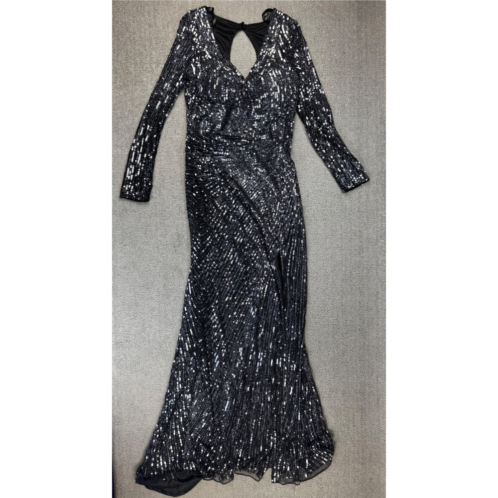 Primavera Couture Formal Dress Gown Size 18 Metallic Gray Silver Sequin Beaded